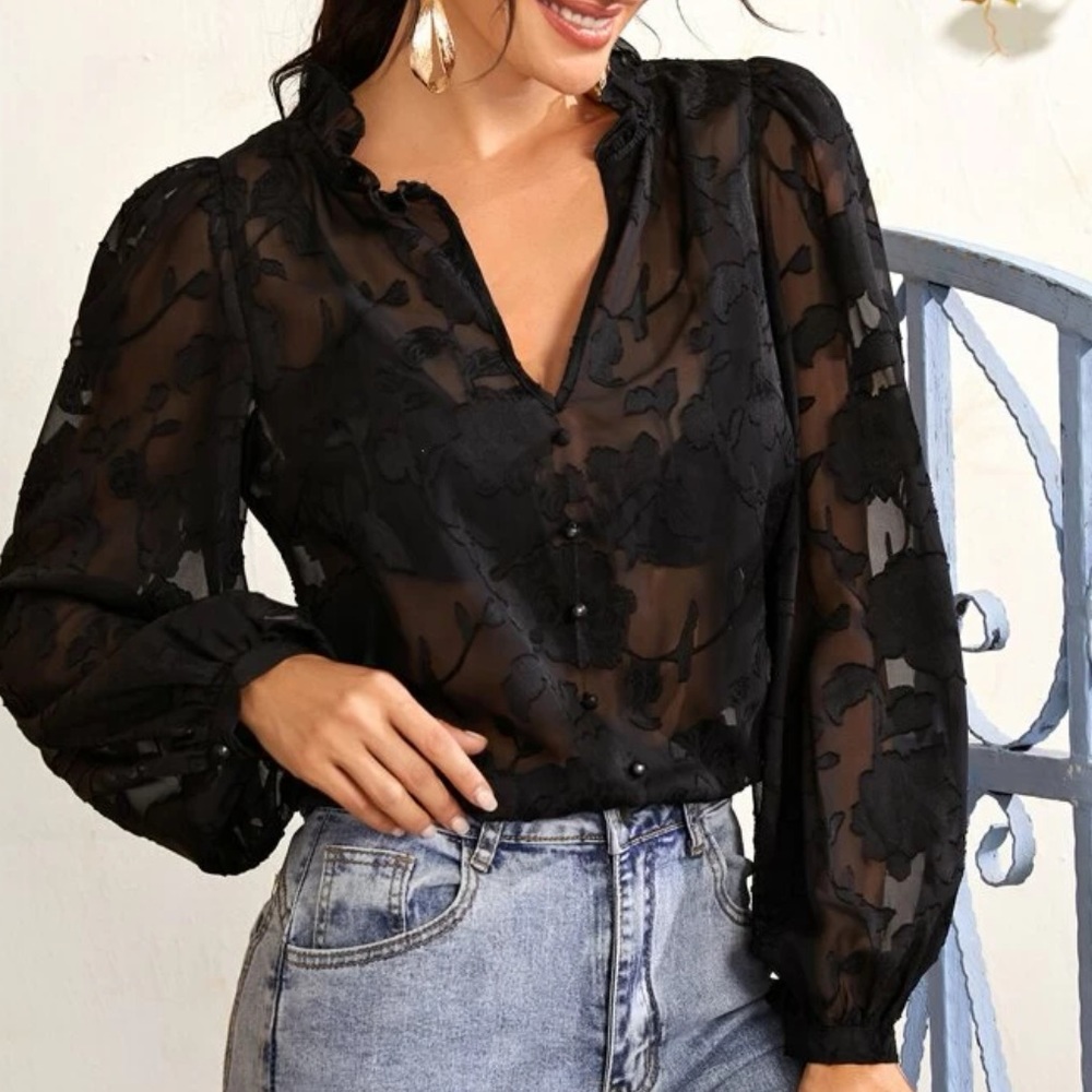Black floral appliqué mesh blouse